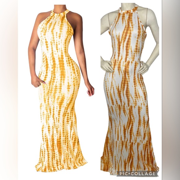 UNBRANDED Yellow/White Tie Dye Racerback Halter Mermaid Fitted Cutout Maxi Dress - Picture 1 of 13